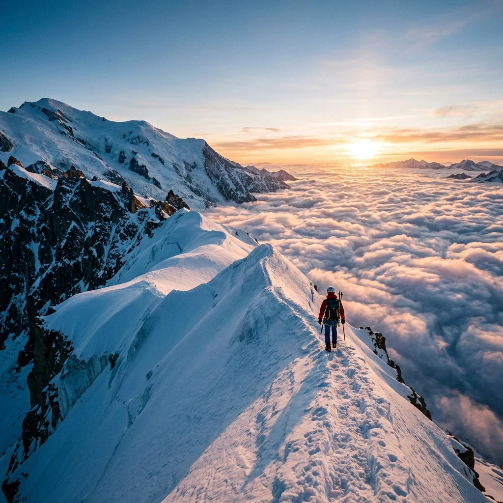 Climber on a snowy mountain ridge