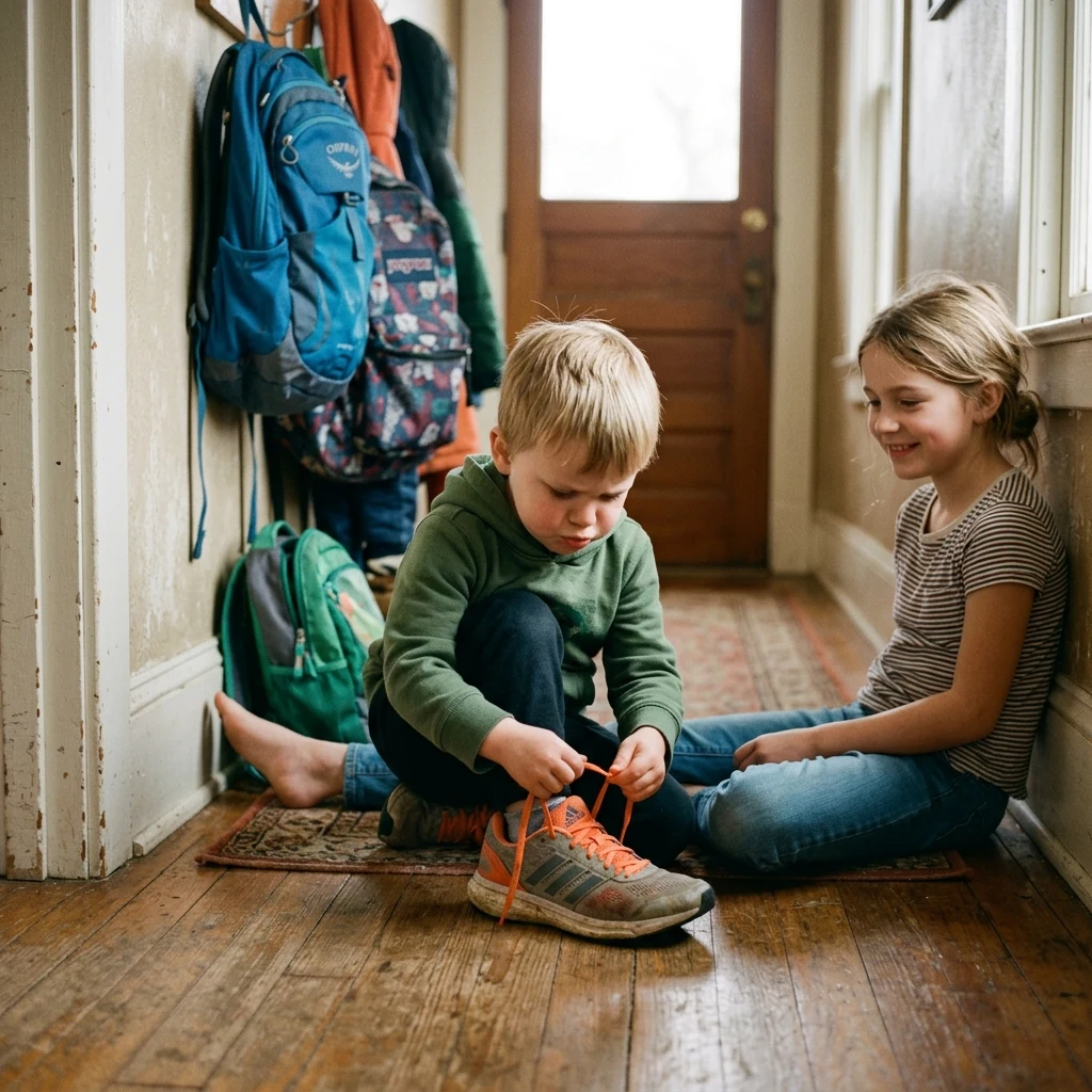 A four-year-old boy trying to tie his big sister's running shoes while she sits patiently…