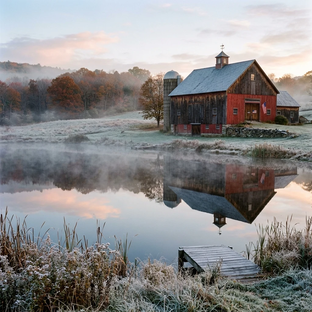 An early morning mist rising off a mirror-still farm pond in Vermont