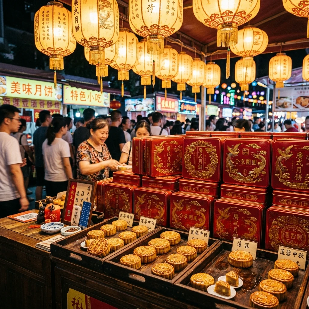 Festive mooncakes at a market stall