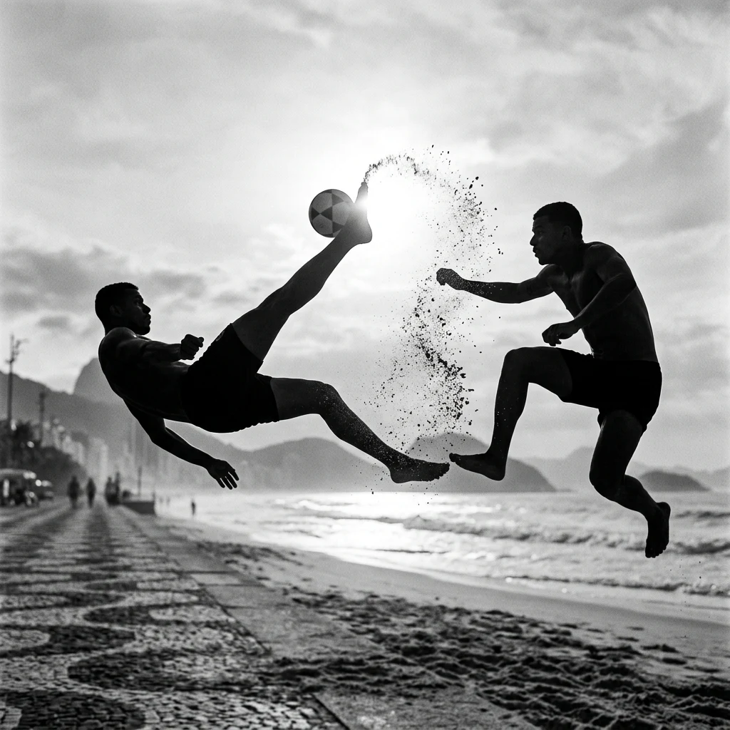 Footvolley players mid-air at Copacabana