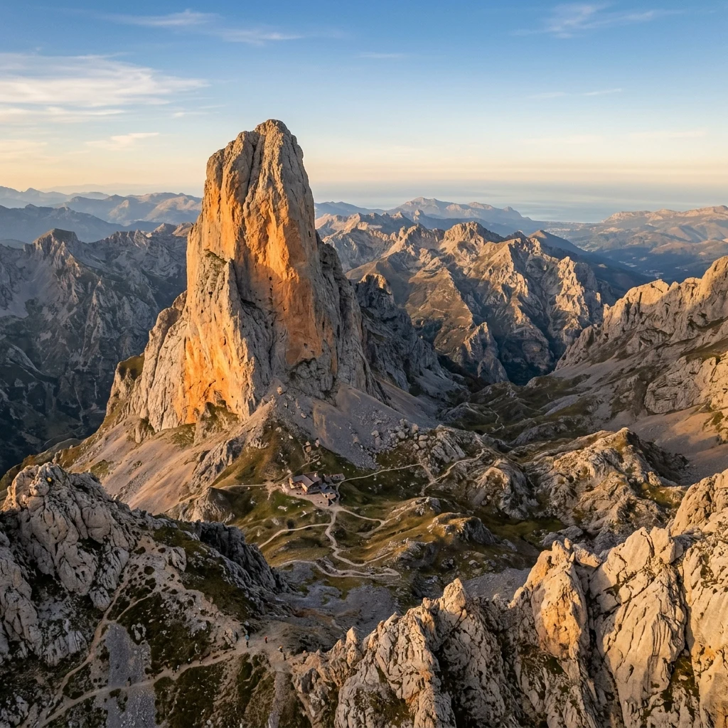 An aerial drone shot of the iconic Naranjo de Bulnes monolith in the Picos de Europa