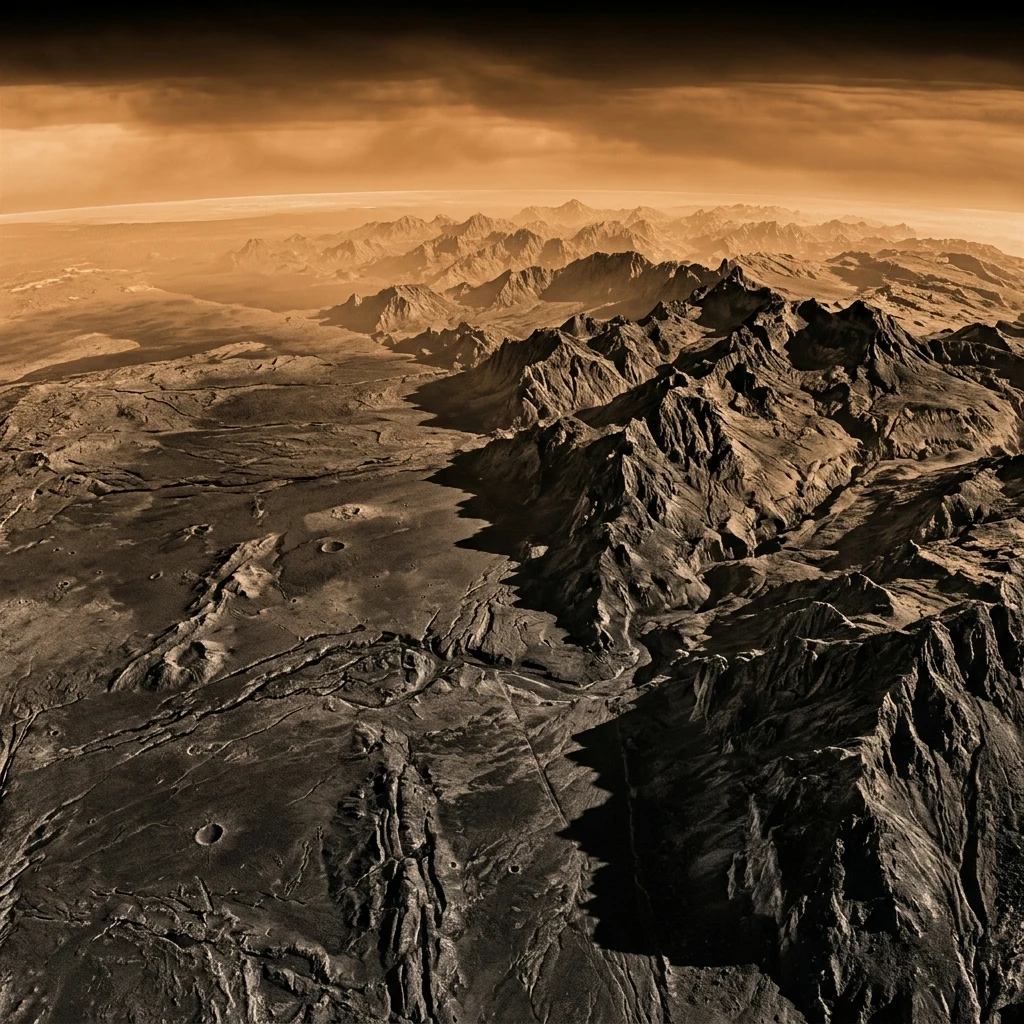 A high-altitude radar map looking across the Lakshmi Planum plateau where it abruptly…