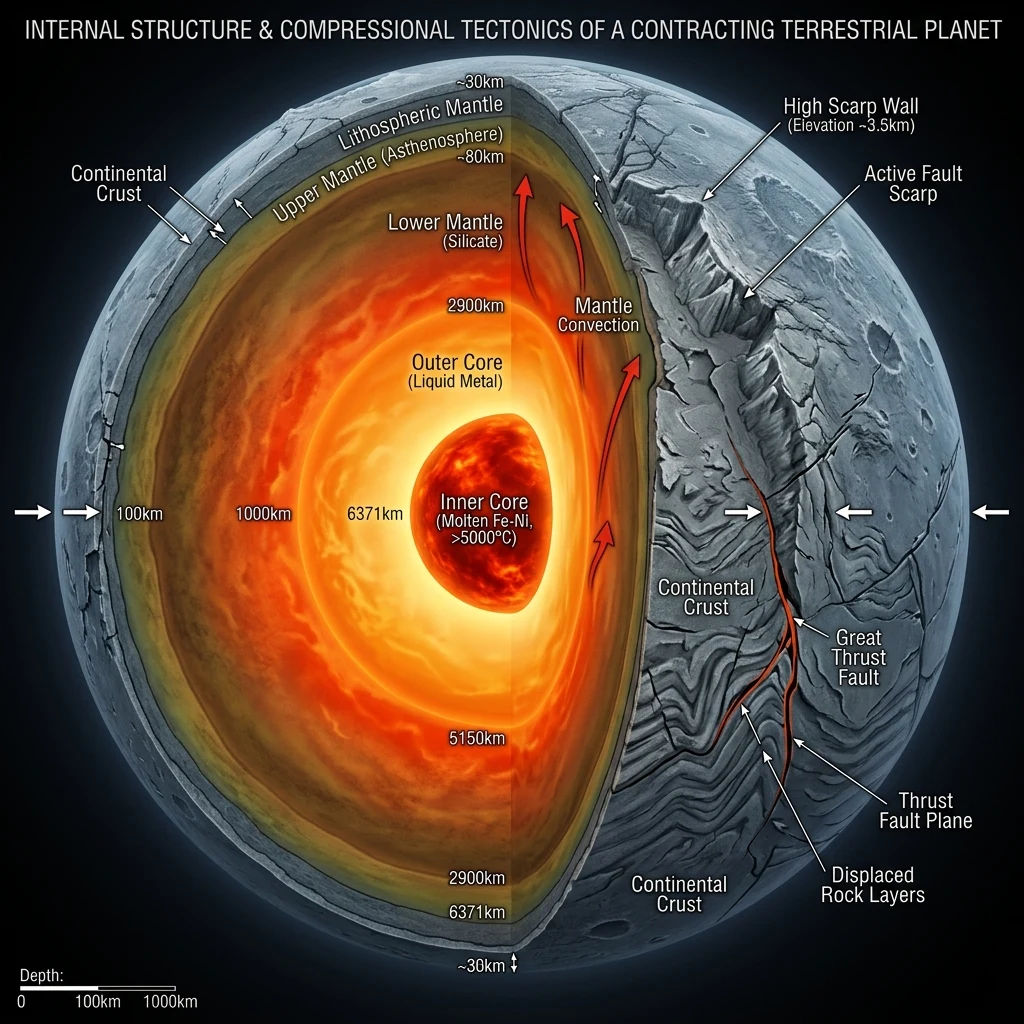 A scientific diagram illustrating planetary cooling and crustal shrinkage mechanics that…