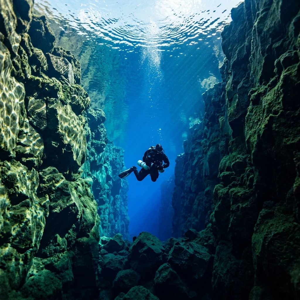 An underwater photograph of the Silfra fissure on the Reykjanes Ridge