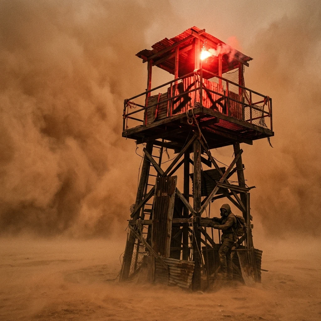 A dust storm engulfing a makeshift watchtower built from telephone poles and scrap iron