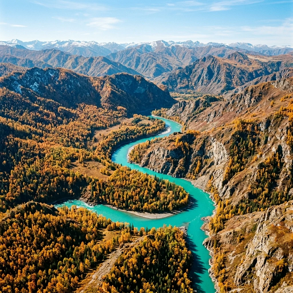 Autumn colors along a winding mountain river