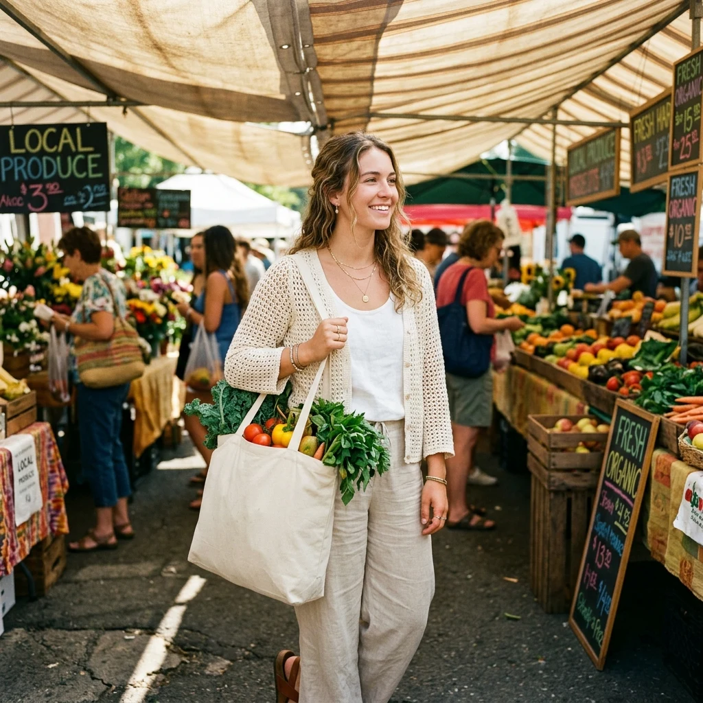 A woman in a crochet cardigan