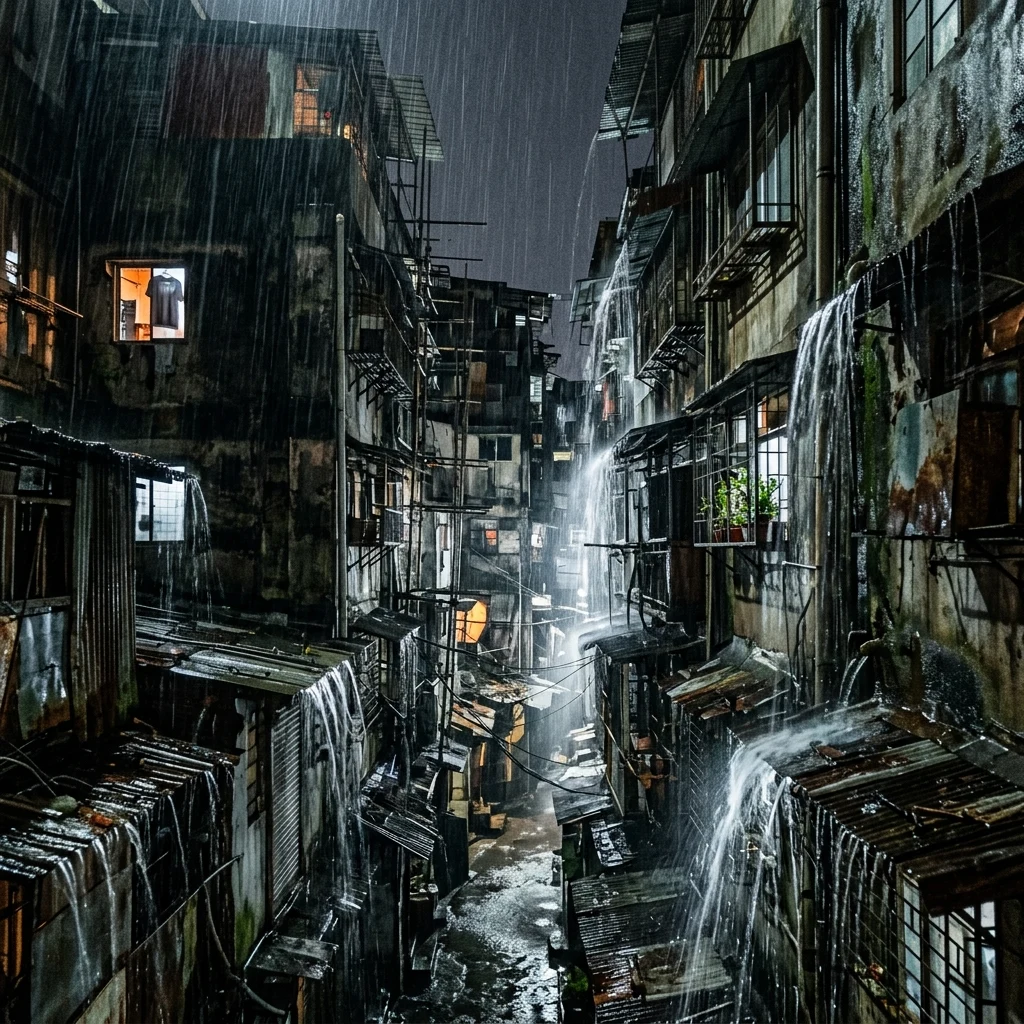 A rain-drenched facade of Kowloon Walled City at night