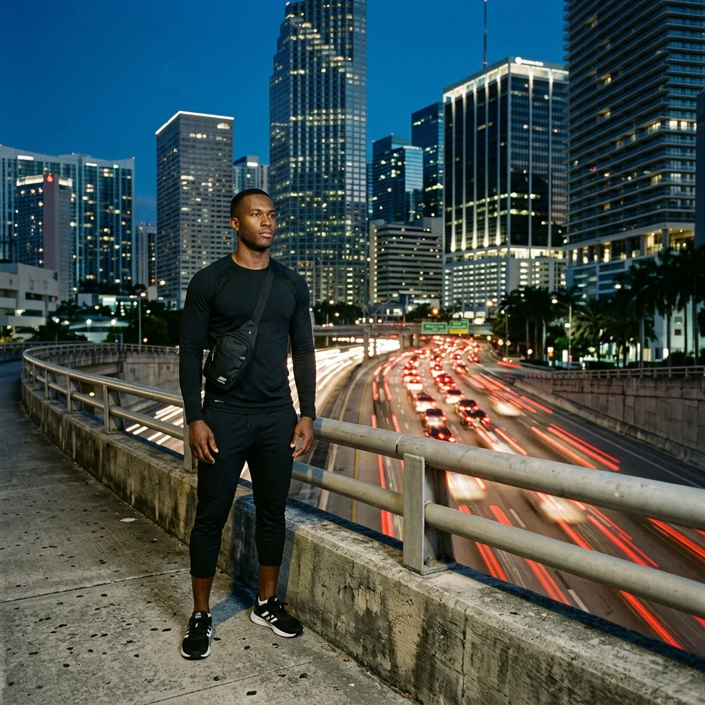 A man in cycling dri-fit and cropped pants with a crossbody bag