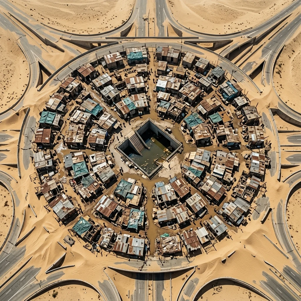 Aerial view of a desert shantytown