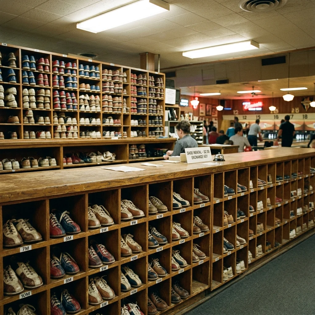 A mid-century bowling alley shoe counter