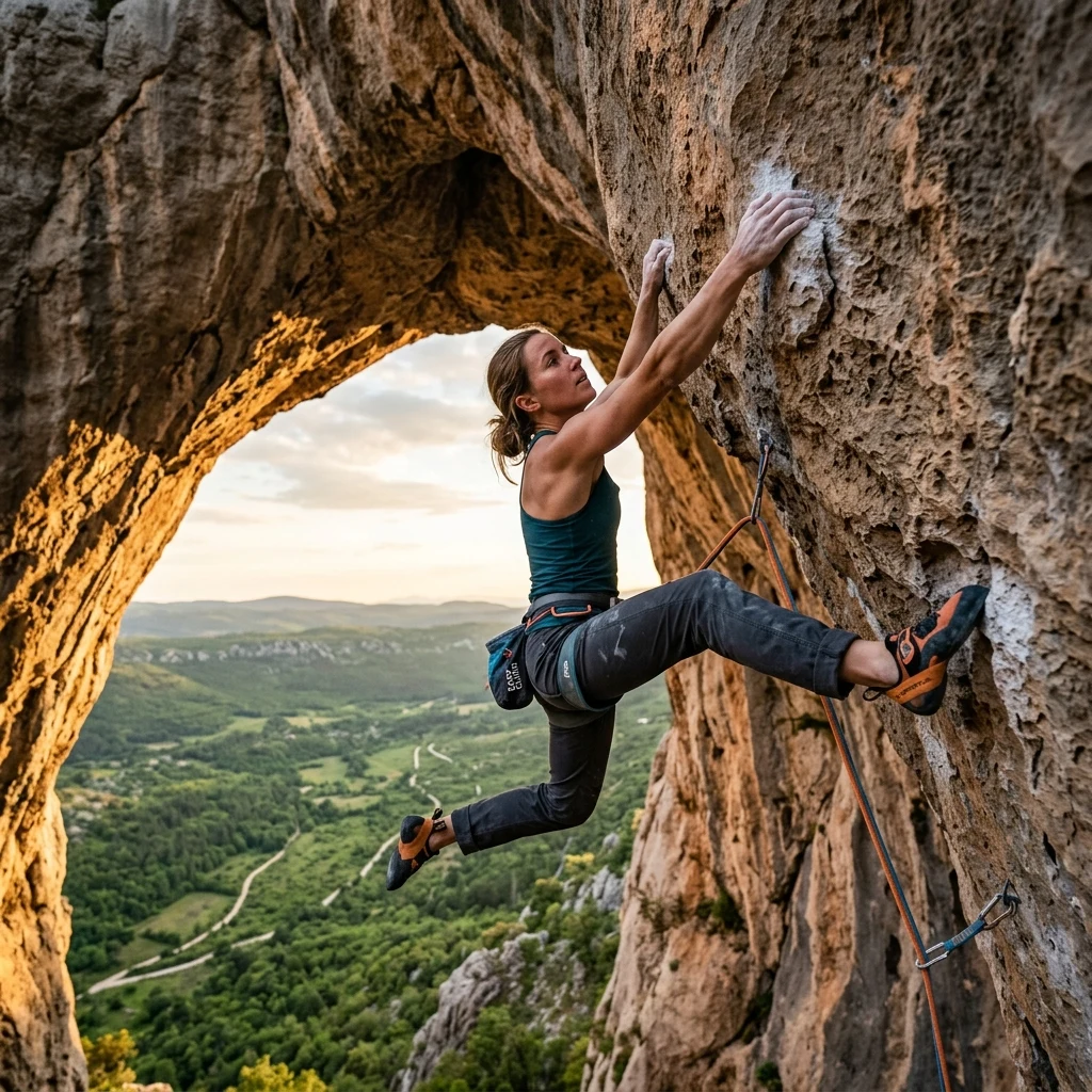 A modern rock climber in lightweight stretch-canvas pants