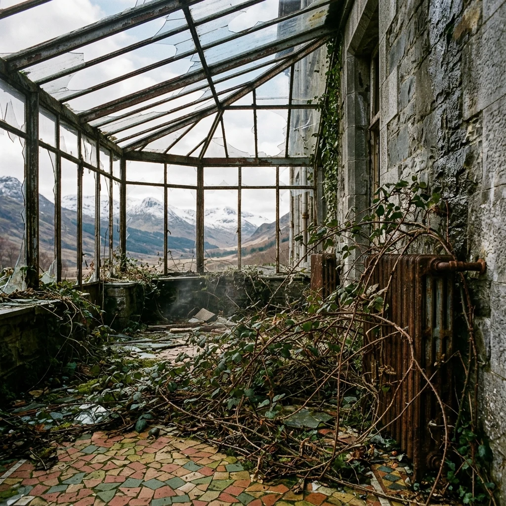 Nature reclaiming a ruined stone mansion