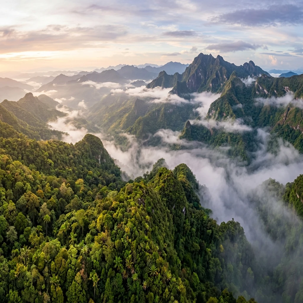 Mist rolling over a lush mountain forest