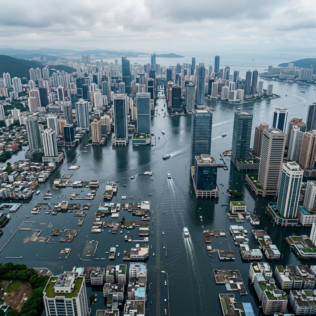 A drone photograph of a flooded coastal city at slack tide