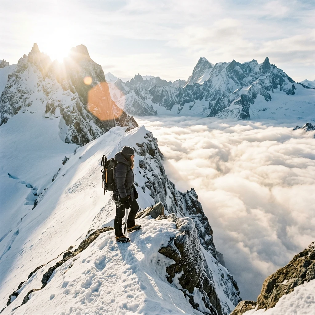 A lone snowshoe trekker standing at the edge of a vast