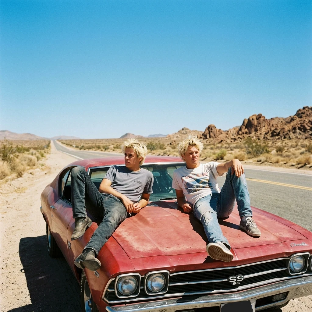 Identical twin boys in their late teens with bleached blonde hair sitting on the hood of…