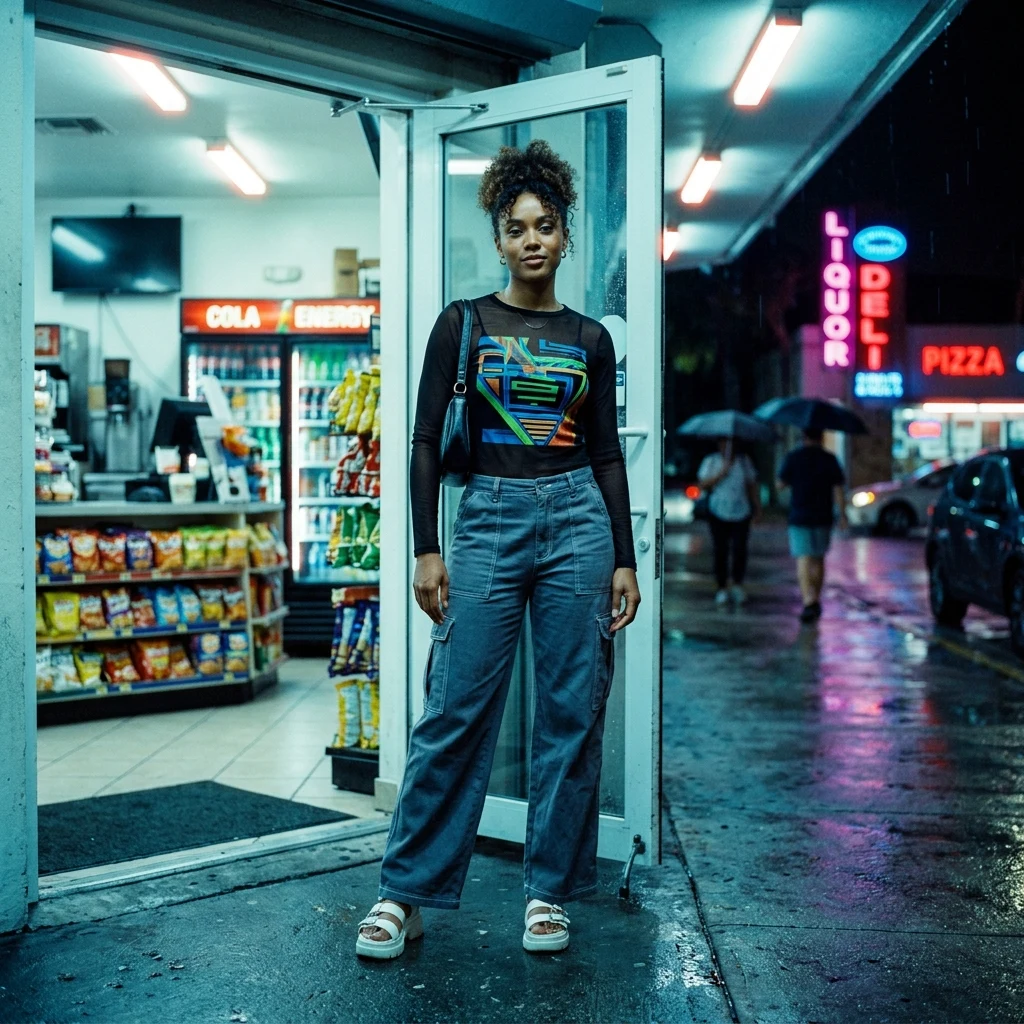 Streetwear lookbook in a city doorway