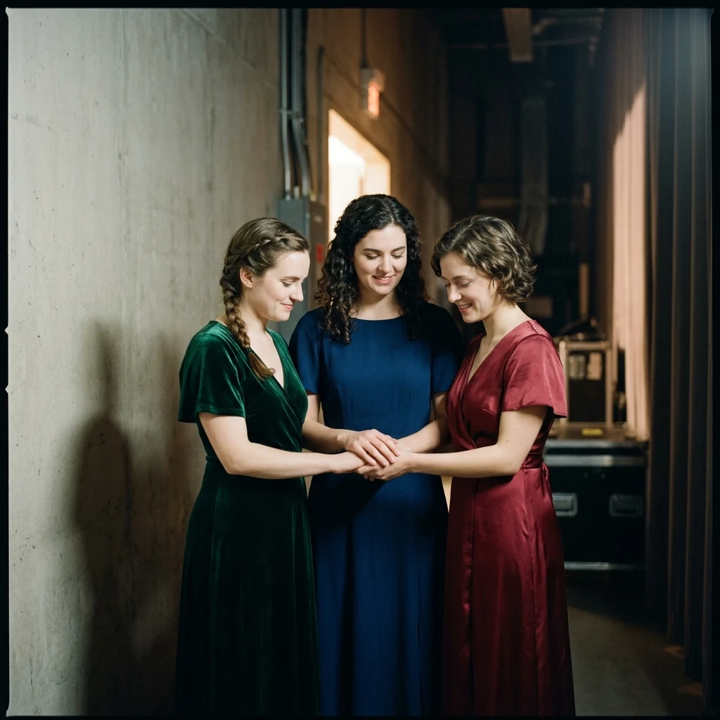 Three adult sisters in formal dresses standing shoulder-to-shoulder in the backstage…