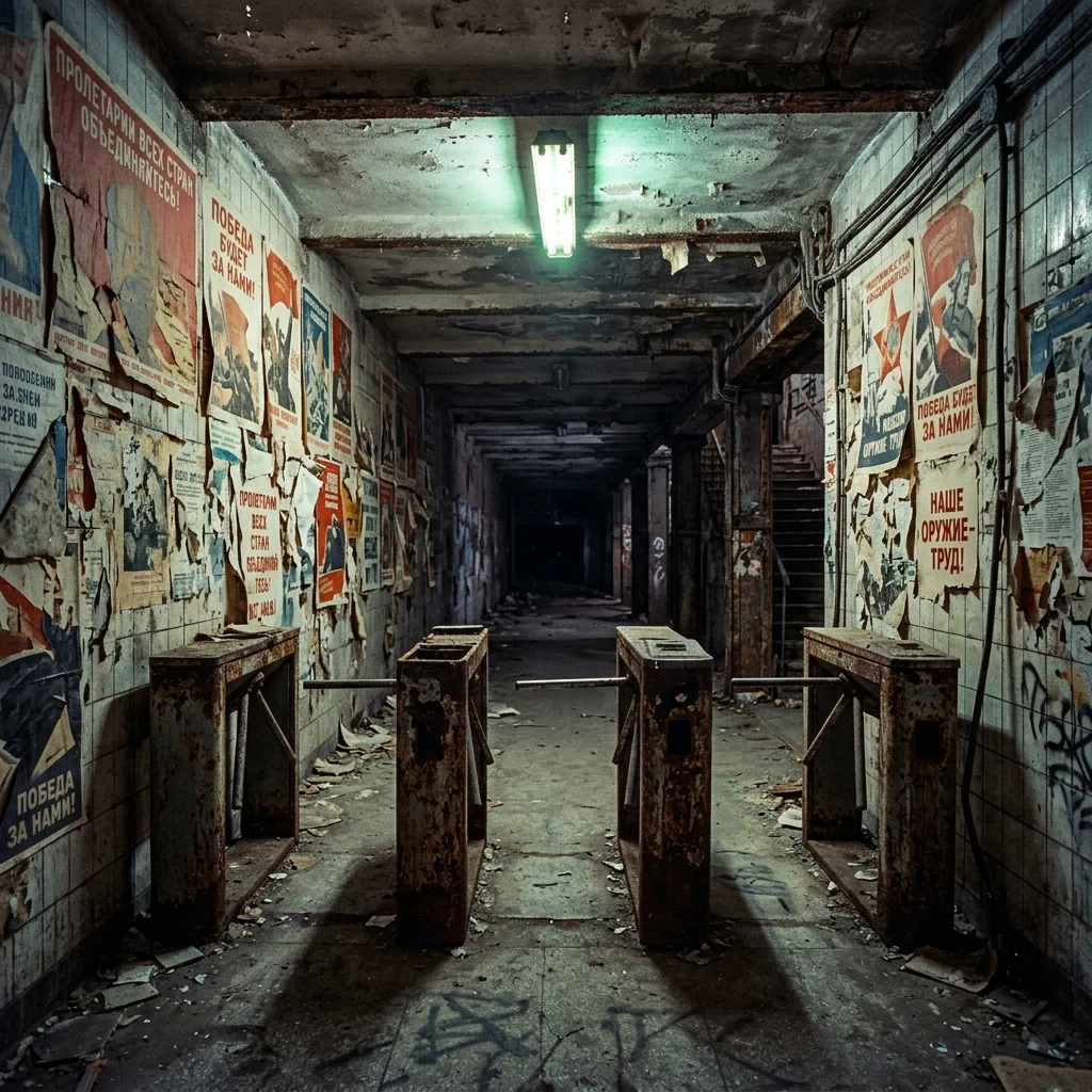 A transit station papered floor to ceiling in peeling state propaganda
