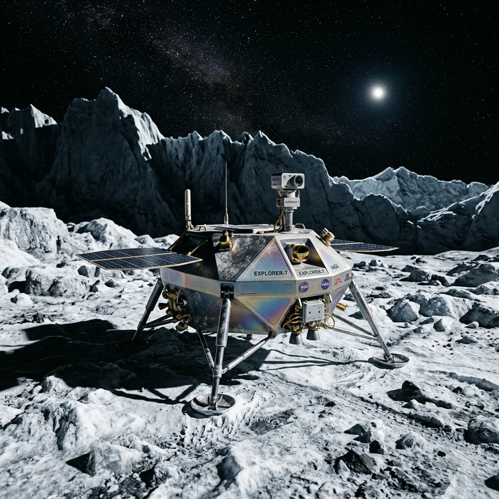 A sci-fi robotic lander resting on a salt-and-ice boulder field at the foot of Astraea…