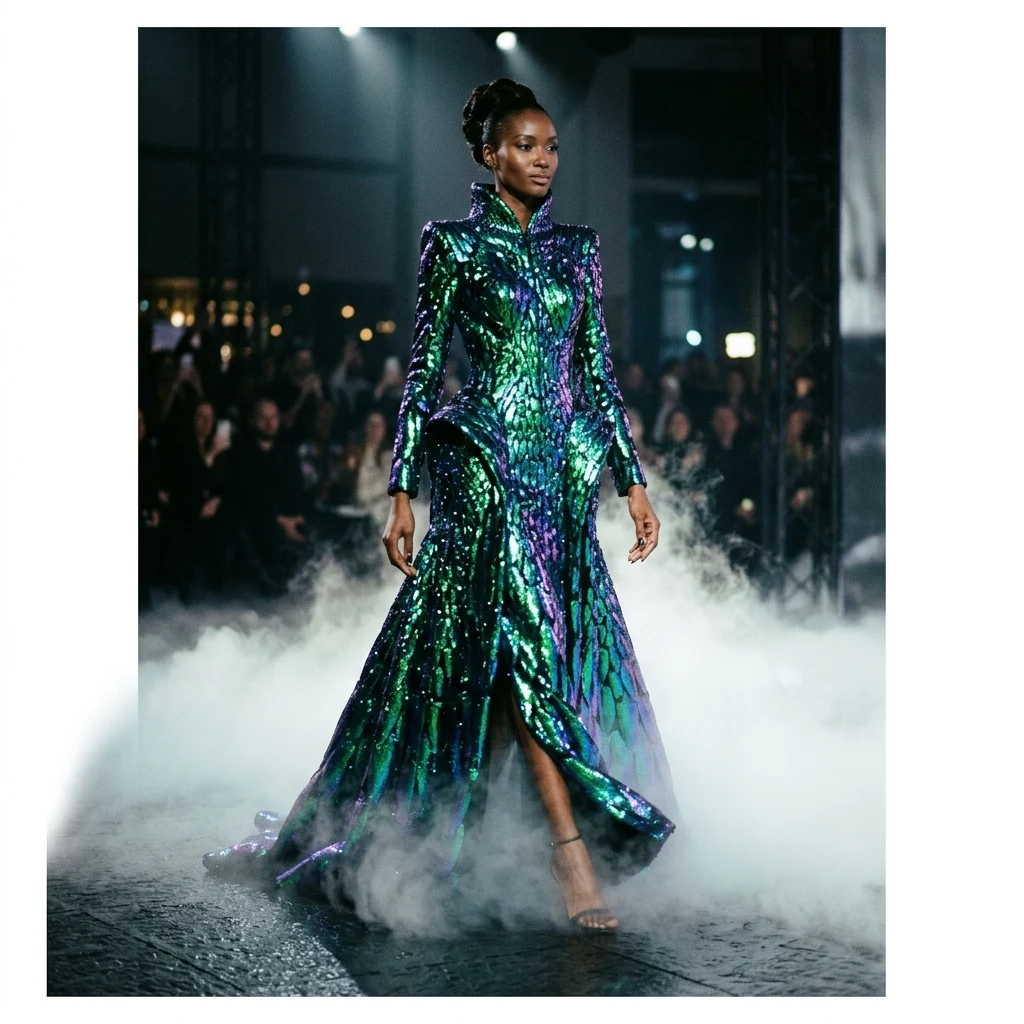 An avant-garde dress made of iridescent beetle-wing-inspired sequins