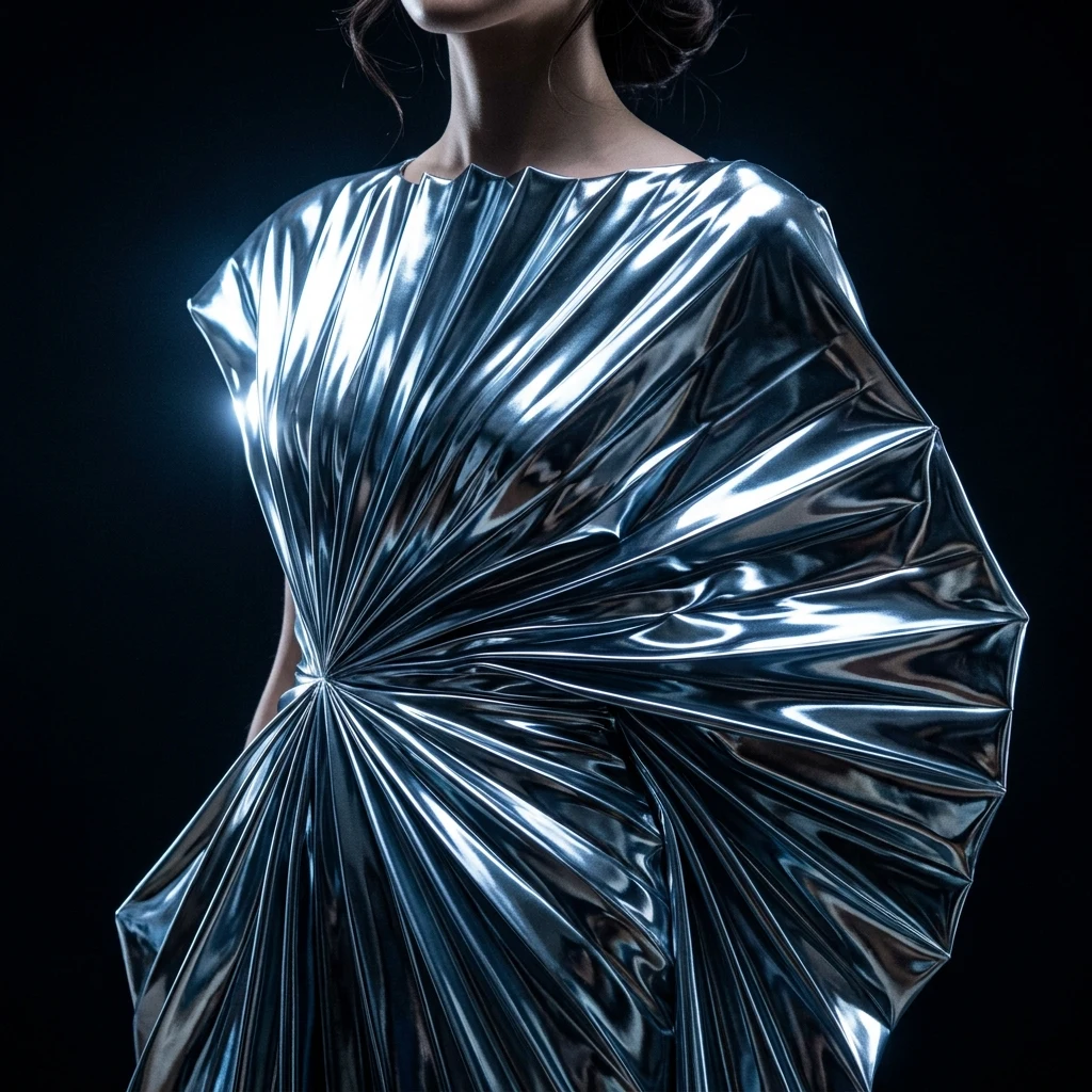 Futuristic gown with liquid mirror texture