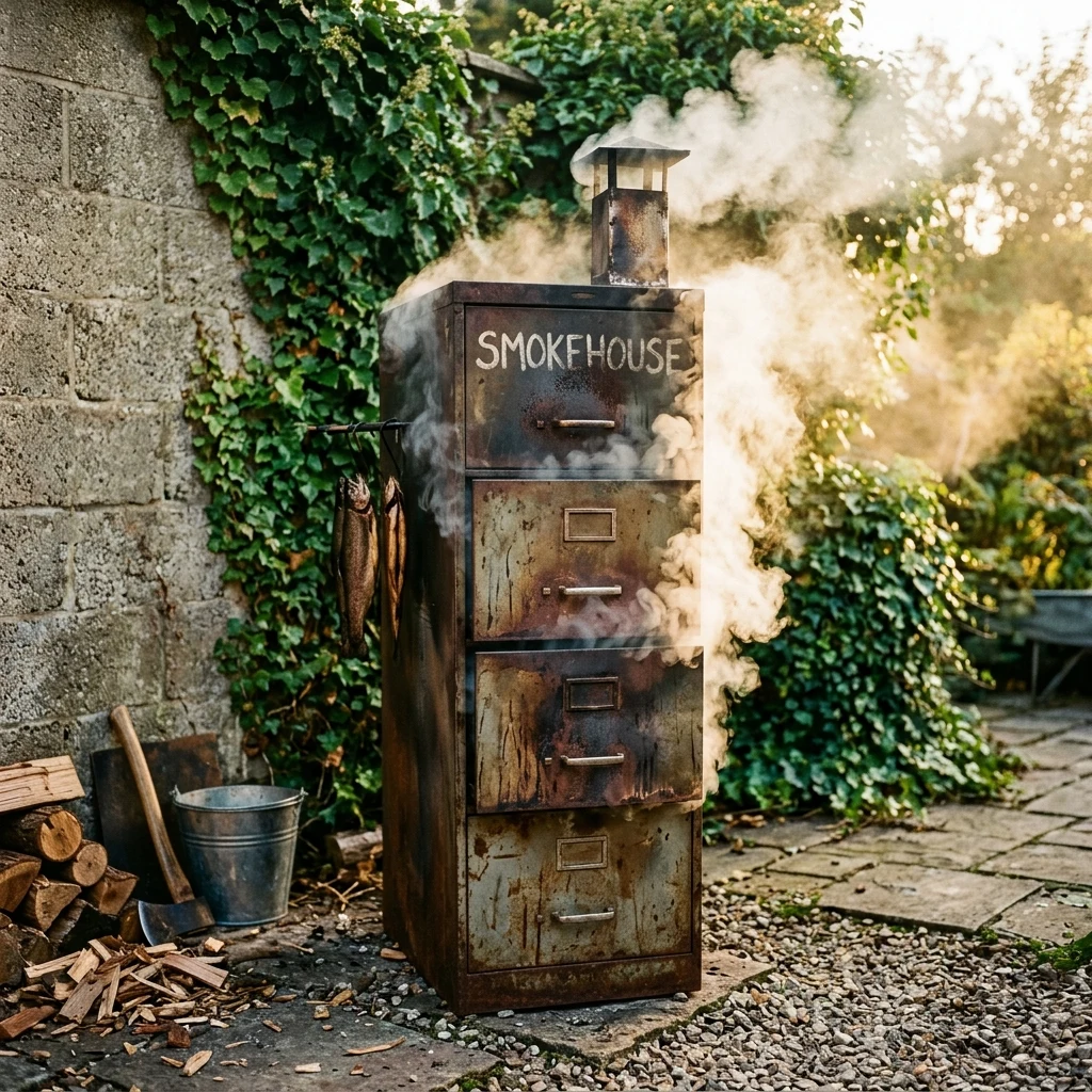A makeshift smoker for curing fish made from a gutted tall metal filing cabinet
