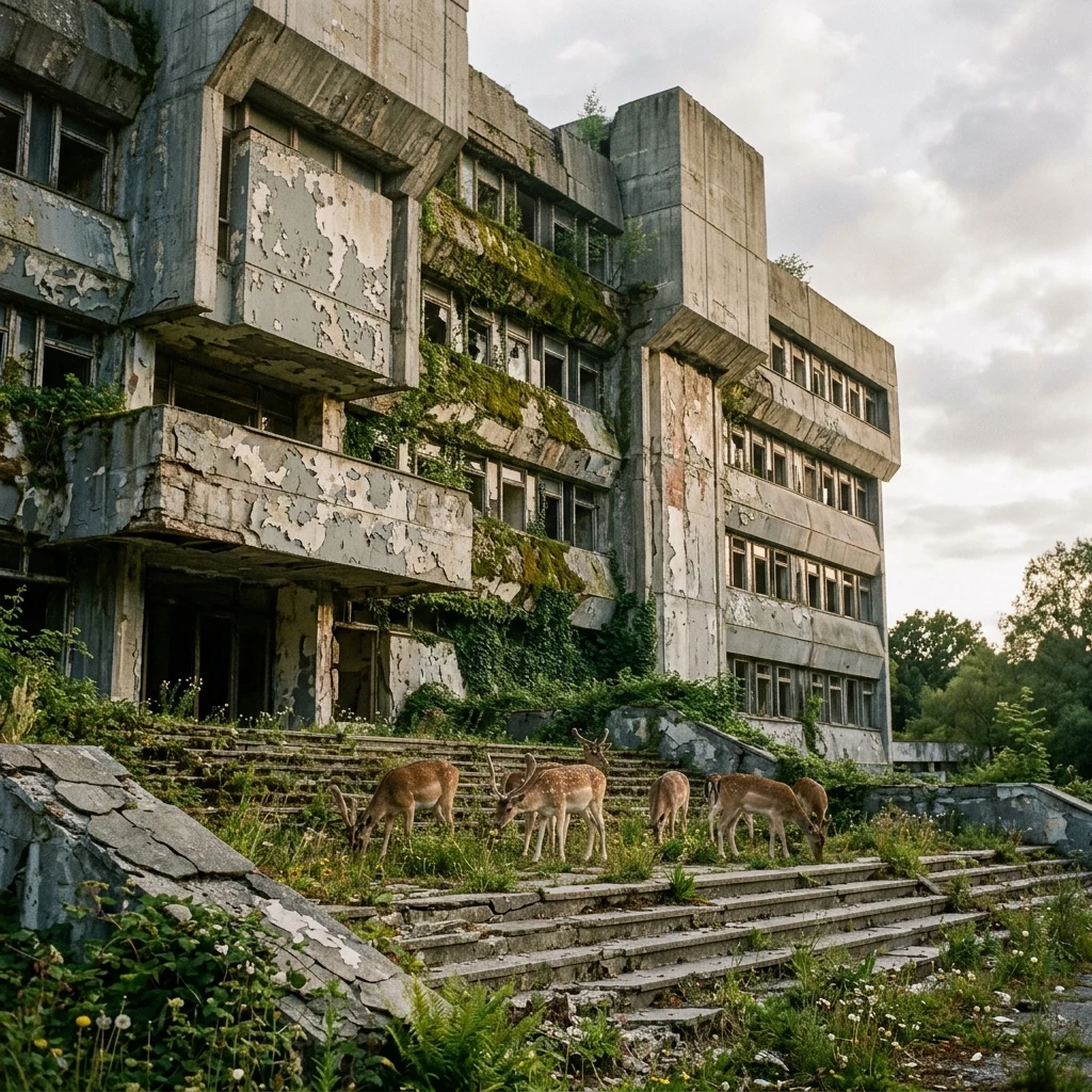 A decaying brutalist government building covered in peeling paint and creeping moss