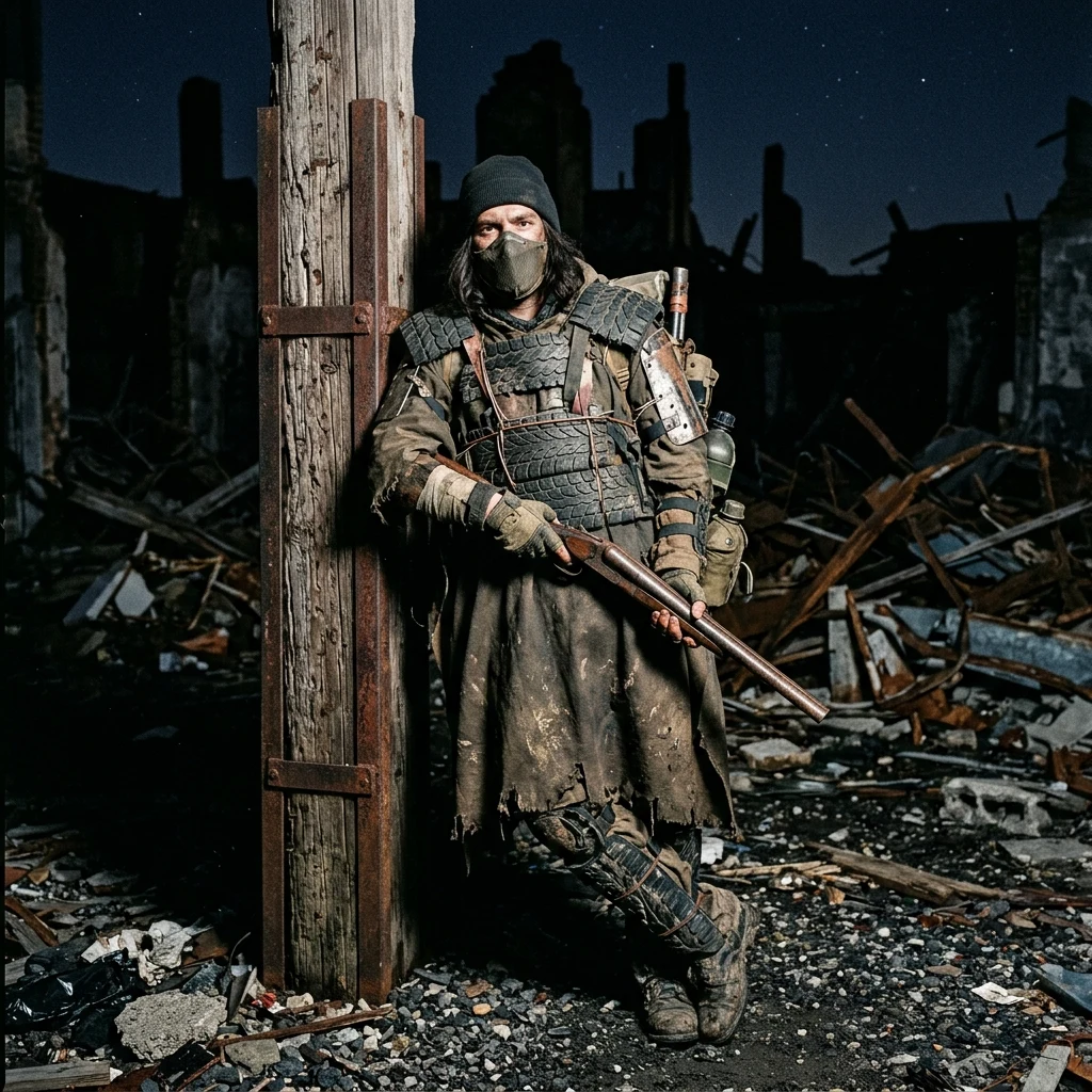 A survivor clad in tire-tread armor and a distressed poncho