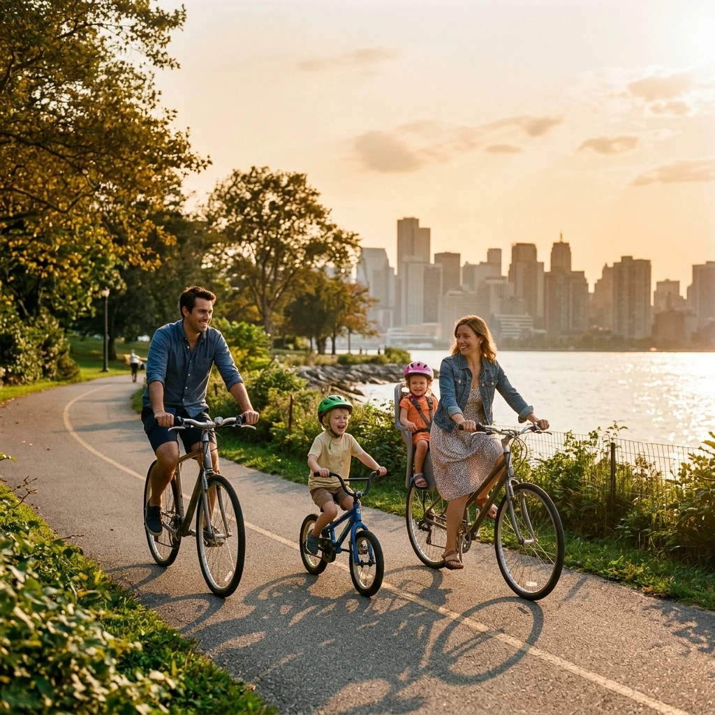A young urban family of four riding bikes along a waterfront park path at golden hour