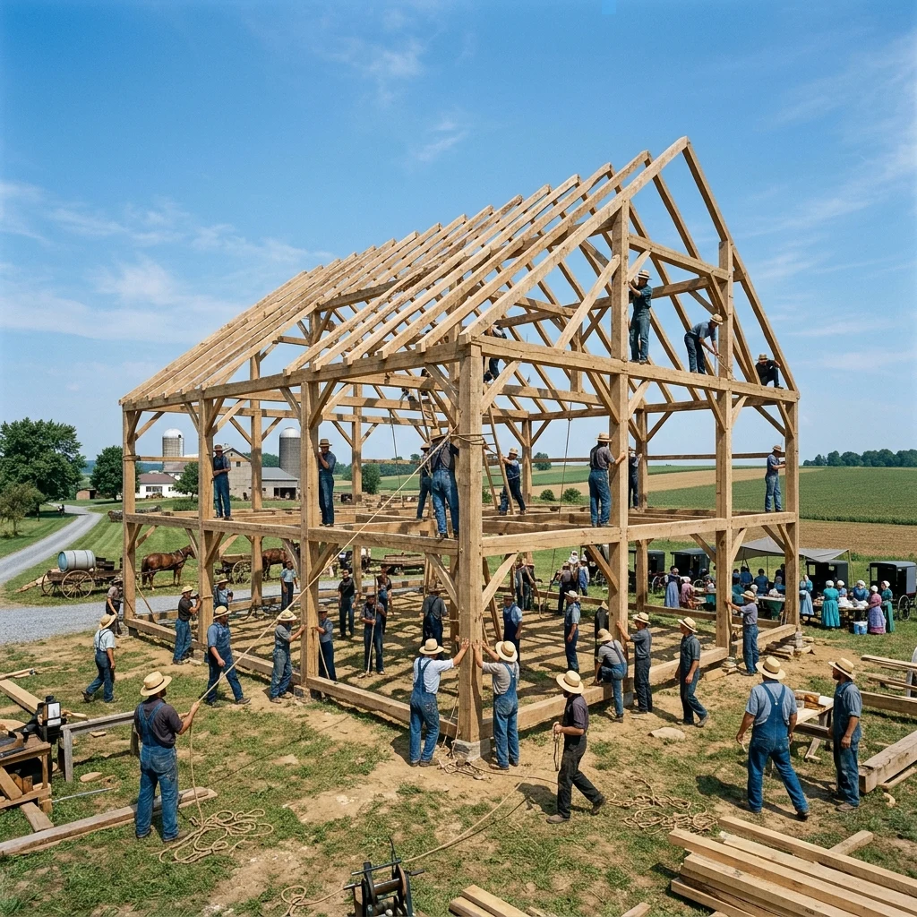 An Amish barn raising at midmorning