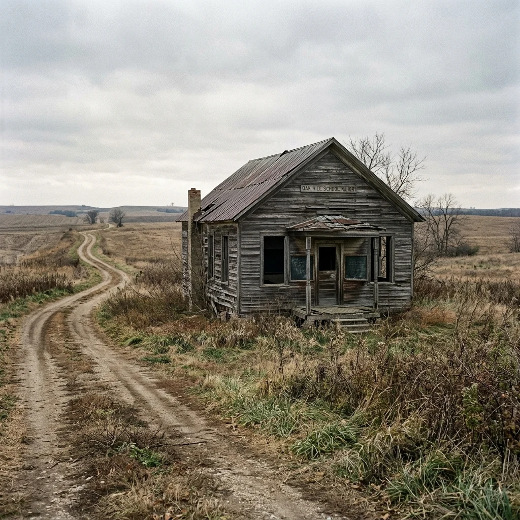 Abandoned wooden schoolhouse on dirt road