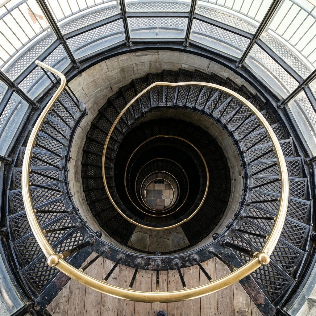 The spiral iron staircase inside a Victorian lighthouse looking straight down from the…