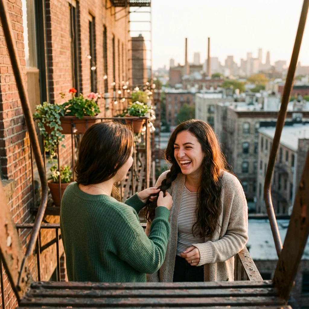 Sisters laughing on a sunny fire escape