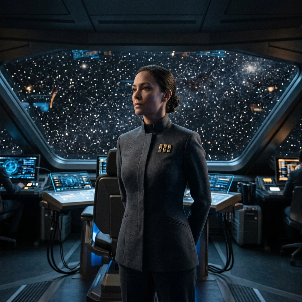 Officer looking out from a starship bridge