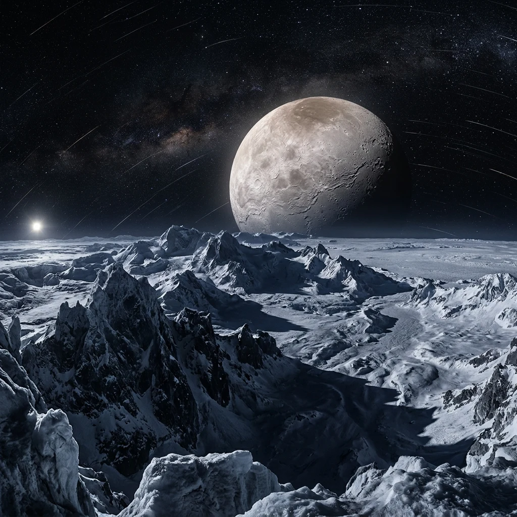 A long-exposure render of Pluto's sky above Tenzing Montes