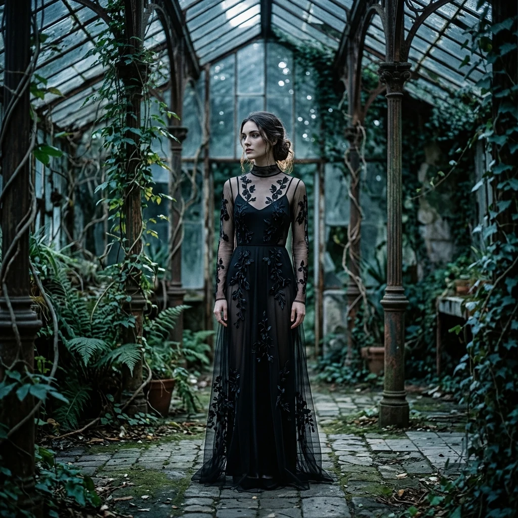 A sheer black tulle gown embroidered with dark floral motifs over a tonal slip