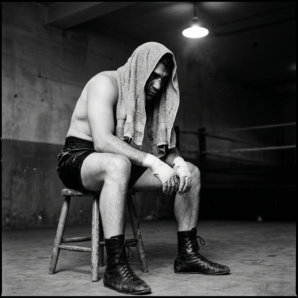 Boxer resting in a dimly lit corner