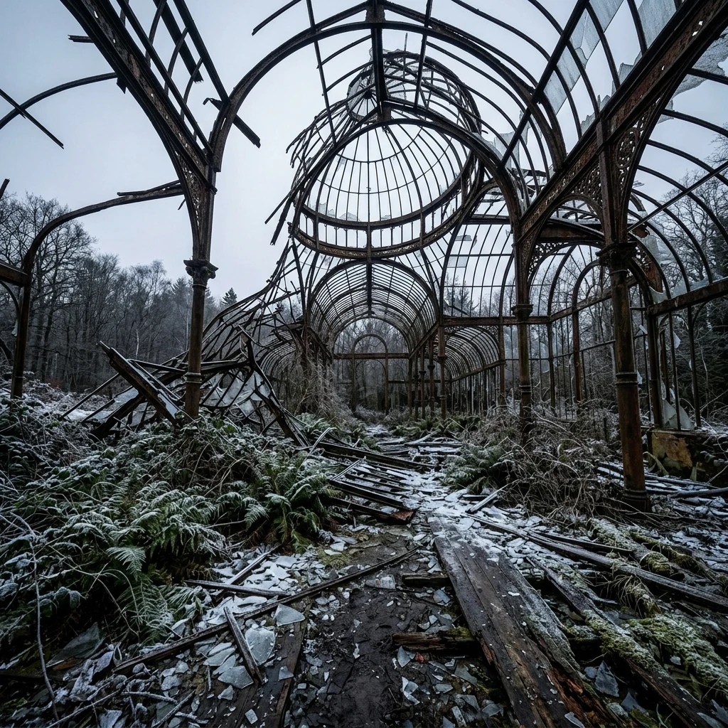 Overgrown winter garden ruins in the snow