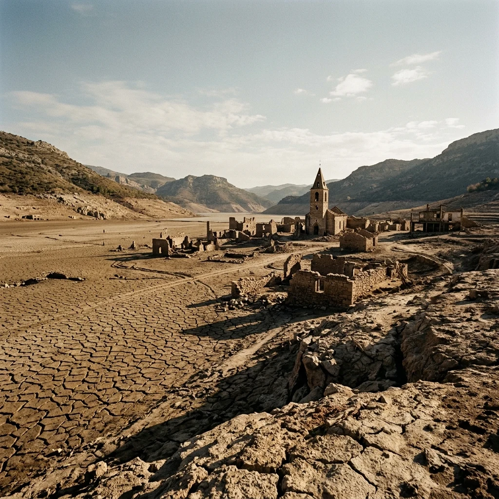A drained reservoir with a drowned town re-emerged from the cracked mud
