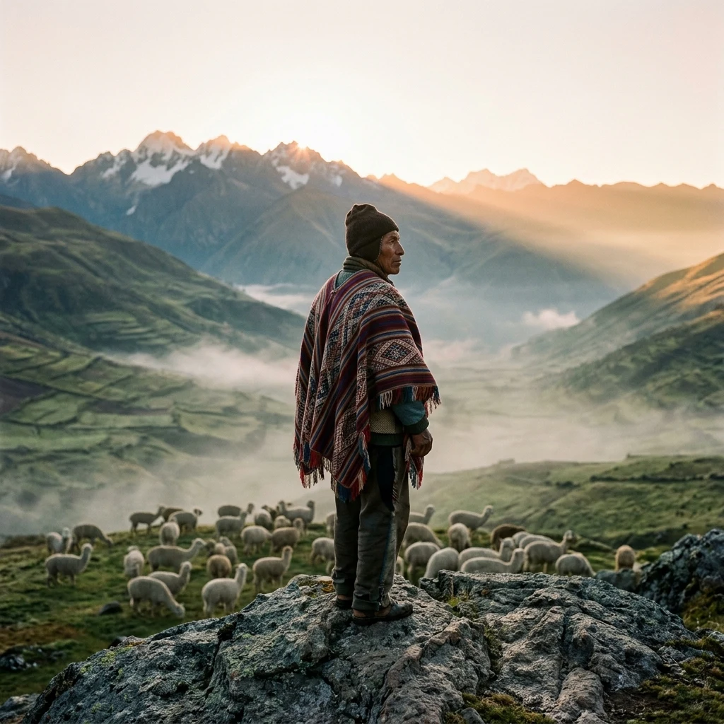 A Quechua man in a hand-woven wool poncho standing on a granite ledge in the high…