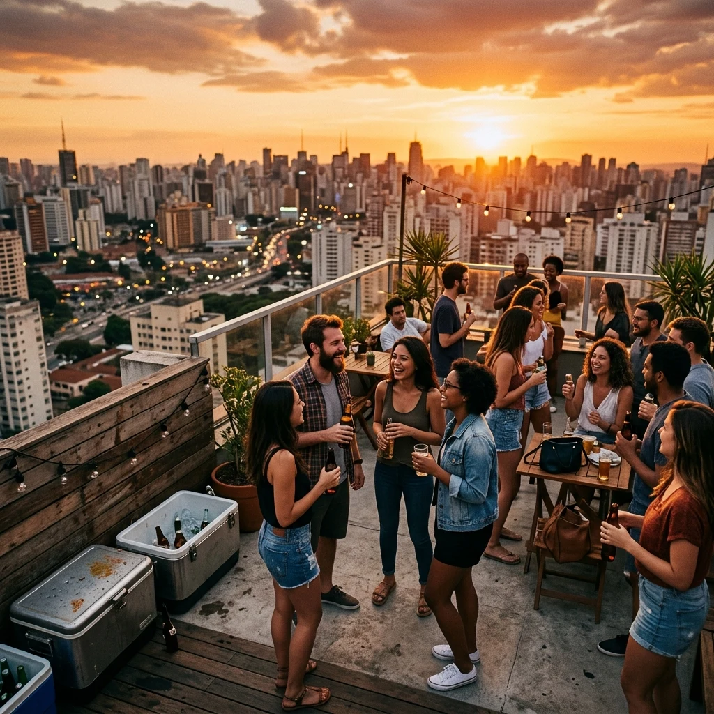 A rooftop party at golden hour on a disposable camera