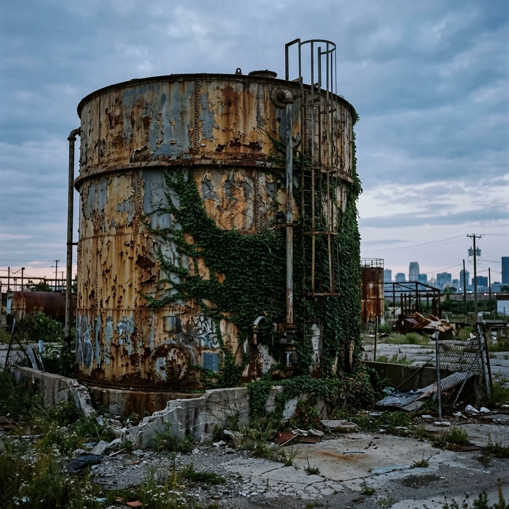 A ruined industrial district on the city edge