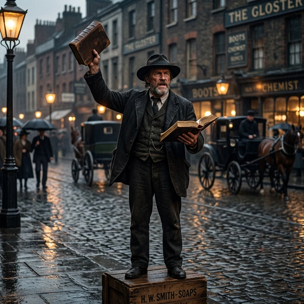 Speaker holding a book on a city street