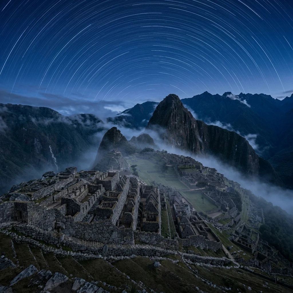 An abandoned stone Inca ruin on an Andean ridge at blue hour