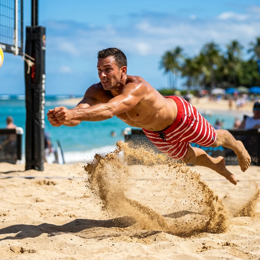 Dynamic lunge across the sandy court