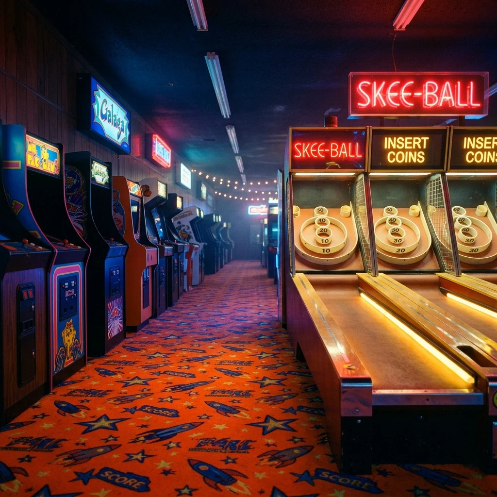 A boardwalk arcade at night on Cinestill 800T