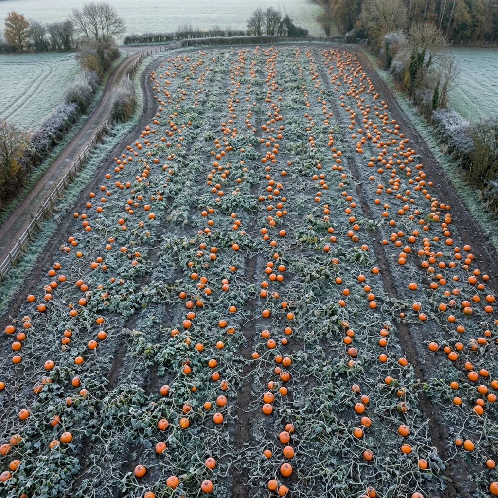 Pumpkins in a field after a frost